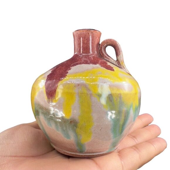 Mid Century Italian Art Pottery Vase Jug W Handle RedWare Multicolor Glaze VTG - Picture 14 of 15
